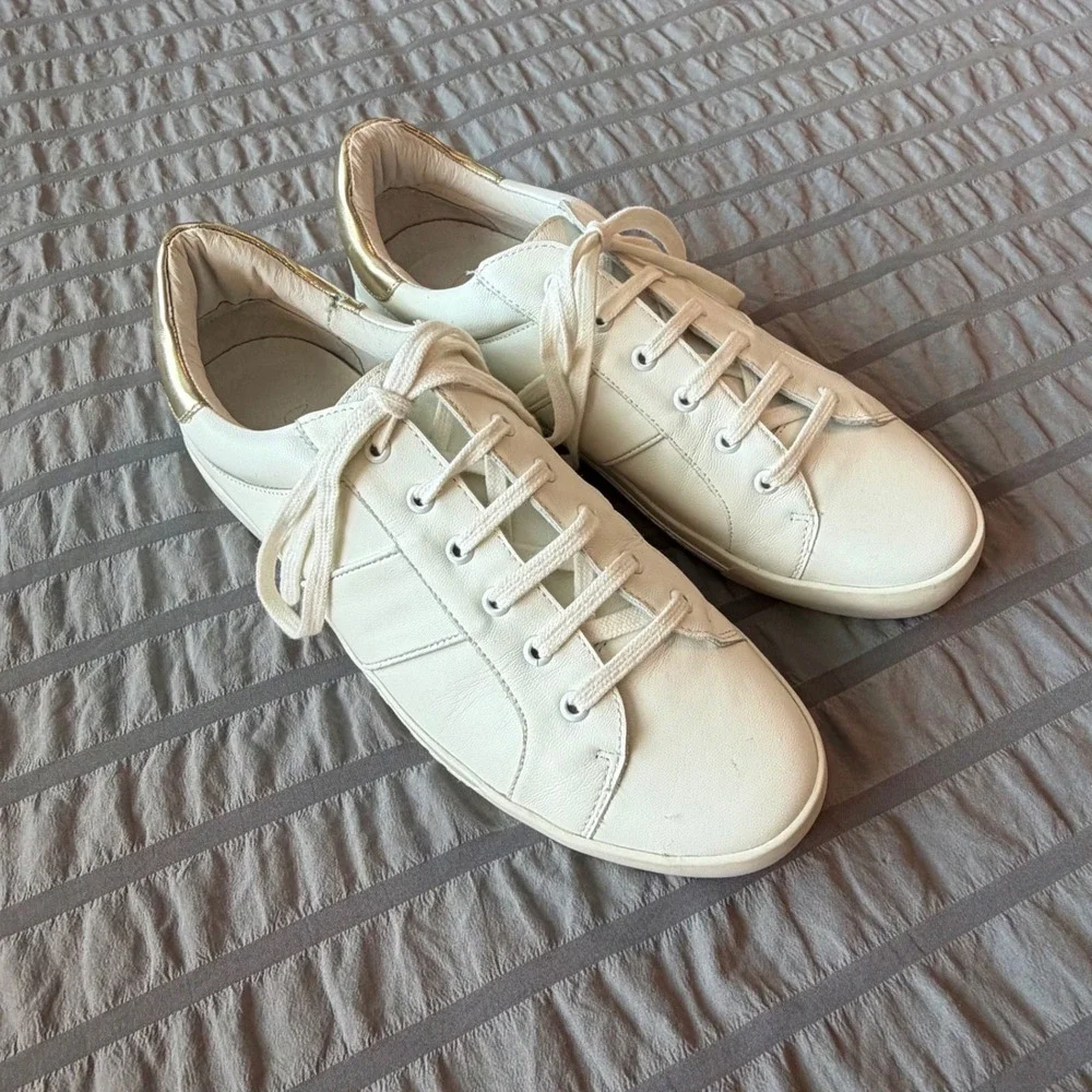 Joie‎ White Leather Low Top Sneakers Gold Heel Tab Lace Up Trainers Womens 40